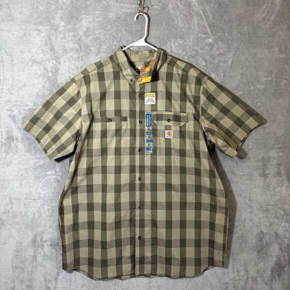 NWT Carhartt Force Ridgefield 2XLT Tall Shirt Beige Buttons Pockets Plaid - Picture 1 of 12